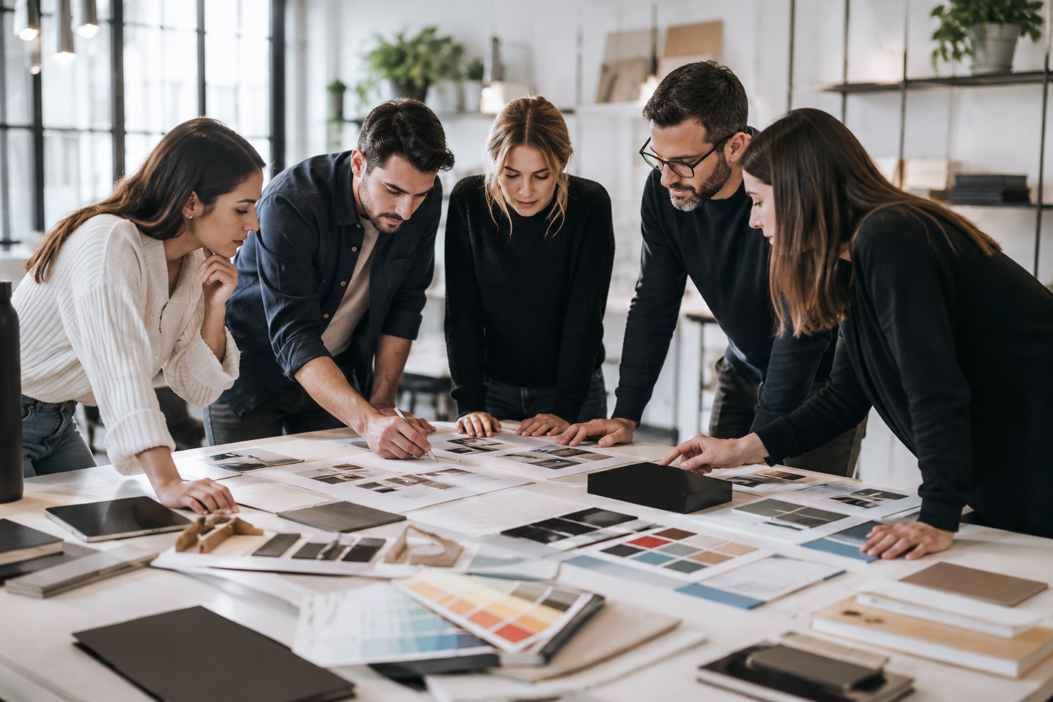 Equipo creativo trabajando en piezas de marca